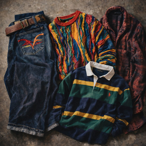 Flay-lay Y2K clothing rugby jnco coogi