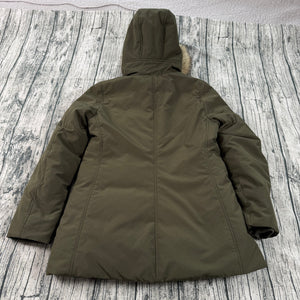 UNIQLO Ultra Warm Down Short Coat Parka Olive Green Faux-Fur Hood Women's Sm