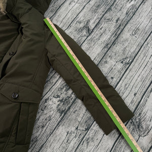 UNIQLO Ultra Warm Down Short Coat Parka Olive Green Faux-Fur Hood Women's Sm