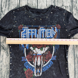 Affliction American Customs 1973 Studded L/S Top Women's L Gray Burnout Black