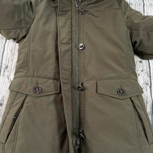 UNIQLO Ultra Warm Down Short Coat Parka Olive Green Faux-Fur Hood Women's Sm