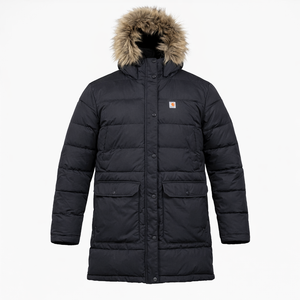 Black winter coat with fur-lined hood on a white background