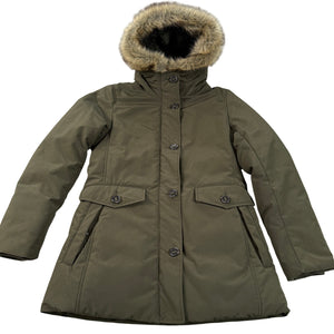 UNIQLO Ultra Warm Down Short Coat Parka Olive Green Faux-Fur Hood Women's Sm
