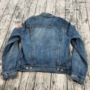 Polo Ralph Lauren Distressed Denim Trucker Jacket American Flag Patch Men's M