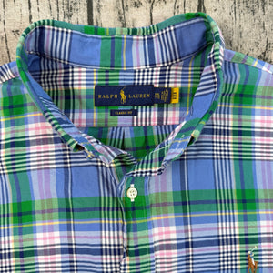 Ralph Lauren Men's Classic Fit Plaid Oxford Button Down LS Cotton Blue/Green Shirt XXL