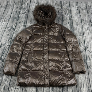 UNIQLO Brown Down Puffer Jacket Faux Fur Hood Women’s Size M Long Quilted Coat