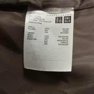 UNIQLO Brown Down Puffer Jacket Faux Fur Hood Women’s Size M Long Quilted Coat