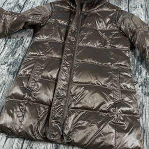 UNIQLO Brown Down Puffer Jacket Faux Fur Hood Women’s Size M Long Quilted Coat
