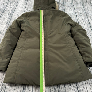 UNIQLO Ultra Warm Down Short Coat Parka Olive Green Faux-Fur Hood Women's Sm