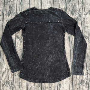 Affliction American Customs 1973 Studded L/S Top Women's L Gray Burnout Black
