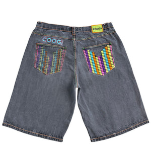 Vtg Y2K COOGI Colorful Neon Black Tetris Streetwear Denim Jean Shorts USA Made