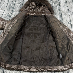 UNIQLO Brown Down Puffer Jacket Faux Fur Hood Women’s Size M Long Quilted Coat