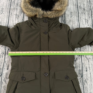 UNIQLO Ultra Warm Down Short Coat Parka Olive Green Faux-Fur Hood Women's Sm